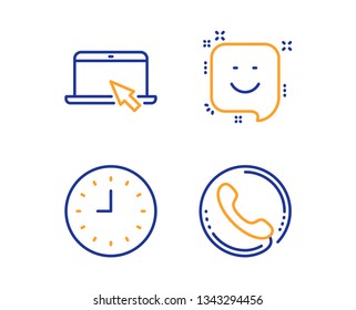 Portable computer, Smile and Clock icons simple set. Call center sign. Notebook device, Positive feedback, Time or watch. Phone support. Technology set. Linear portable computer icon. Vector