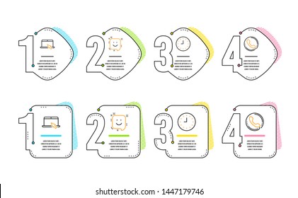 Portable computer, Smile and Clock icons simple set. Call center sign. Notebook device, Positive feedback, Time or watch. Phone support. Technology set. Infographic timeline. Vector