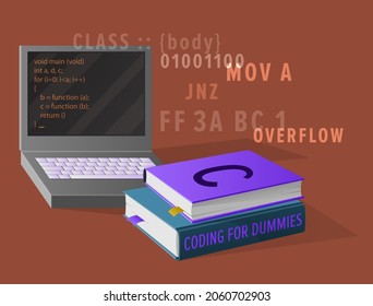 Portable computer and thick textbooks for Informatics studies isolated vector illustration. Open laptop with program code on screen.