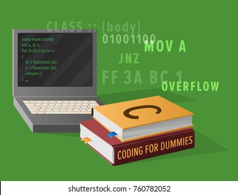 Portable computer and thick textbooks for Informatics studies isolated vector illustration. Open laptop with program code on screen.