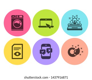 Portable computer, Typewriter and Phone survey icons simple set. Washing machine, View document and Paint brush signs. Notebook device, Inspiration. Flat portable computer icon. Circle button. Vector