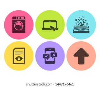 Portable computer, Typewriter and Phone survey icons simple set. Washing machine, View document and Upload signs. Notebook device, Inspiration. Technology set. Flat portable computer icon. Vector