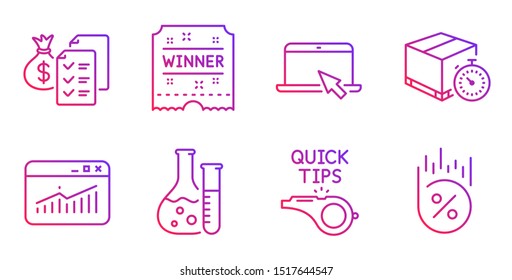 Portable computer, Winner ticket and Chemistry lab line icons set. Tutorials, Website statistics and Delivery timer signs. Accounting wealth, Loan percent symbols. Vector
