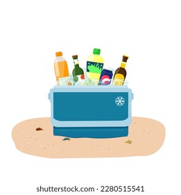 Bolsa portátil más fría para bebidas en latas, botellas de plástico y vidrio con hielo para vacaciones en la playa. Ilustración vectorial.