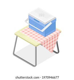Portable Cooling Container for Food Storage Rested on Checkered Tablecloth on Table as Picnic Isometric Vector Illustration