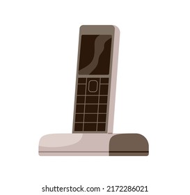 Portable Cordless Radio Telephone Of 2010. Phone Handset With Landline Base Station, Charger. Land Line Wireless Device Model With Keypad. Flat Vector Illustration Isolated On White Background