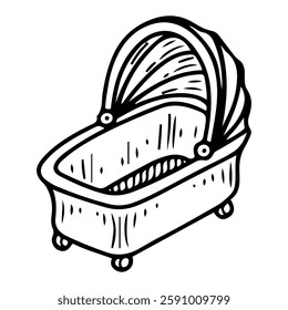 Portable cradle with a canopy for a newborn baby. Hand drawn doodle. A crib for a small child to sleep. Childhood. Vector line art illustration.