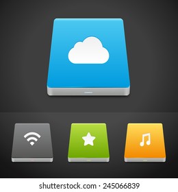 Portable Data Storage Hard Disc Drive Icons. Vector Illustration of different HDD types