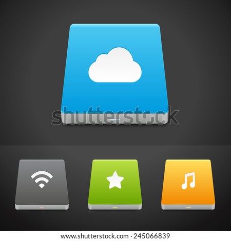 Portable Data Storage Hard Disc Drive Icons. Vector Illustration of different HDD types