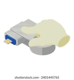 Icono de dispositivo portátil vector isométrico. Presión del dedo en la unidad de flash usb de metal. Dispositivo de almacenamiento, tecnología moderna