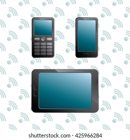 Portable Devices 3d Illusion Illustration Mobile Phone Smartphone and Tablet - Black blue and Grey Objects on the Radiowave Symbol Wallpaper Background - Gradient and Flat Design