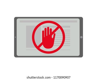portable devices: laptop, tablet pc with an ad blocker symbol. Cross platform and multimedia, webbsite, wi-fi