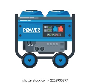 Portable Diesel Power Generator for Electricity Producing Distribution. Energy Generating Backup Equipment, Voltage Source Alternator Machine Isolated On White Background. Cartoon Vector Illustration