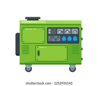 Portable Diesel Power Generator on Wheels. Energy Generating Backup Equipment And Electricity Voltage Source Alternator Machine Isolated On White Background. Cartoon Vector Illustration