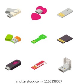 Portable disk icons set. Isometric set of 9 portable disk vector icons for web isolated on white background