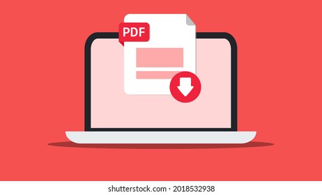 Portable Document Format, PDF file icon download to laptop, computer. Document downloading concept. File with PDF label and down arrow sign represents downloading. Vector illustration. Red background.