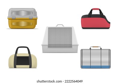 Portable domestic animal cages comfortable carrying set realistic vector illustration. Empty pet carriers transportation container metallic plastic and textile with handles. Veterinary case accessory