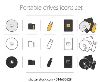 Portable drives icons set. Digital storage devices silhouettes. Data holders electronics accessories linear symbols. Pocket usb stick. Mobile micro sd card. Compact disk. Computer hard drive. Vector