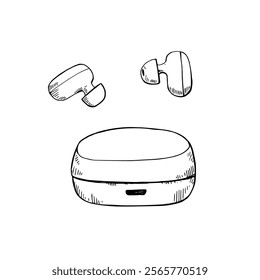 Portable earphones and case, black and white outline sketchy illustration. Hand-drawn vector elements 