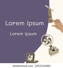 Portable electric fan background - banner or poster with text. Vector illustration can use for electric portable appliance banner or flyer, card. Cartoon hand drawn design. 