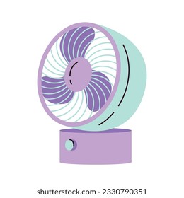 Ventilador eléctrico portátil. Ventilador de la mesa de enfriamiento. Equipamiento portátil para el hogar, de pie sobre la mesa. Ilustración vectorial al estilo de las caricaturas. Fondo blanco aislado.