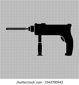 Portable Electric Hand Drill Silhouette Drawing With Bit. Power Drill Icon. Vector Cartoon Clipart On Transparent Background.