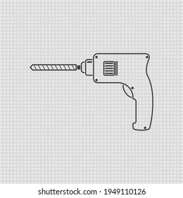 Dibujo de esbozo de taladro eléctrico portátil con bit. Icono de simulación de energía. Recorte de líneas y contorno de dibujos animados vectoriales sobre fondo transparente.