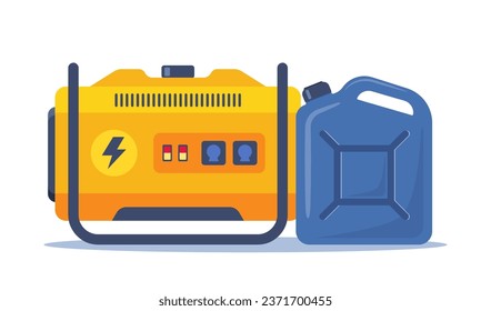 Portable electric power generator and canister with petrol, gasoline. Technology, electricity, energy concept. Vector illustration