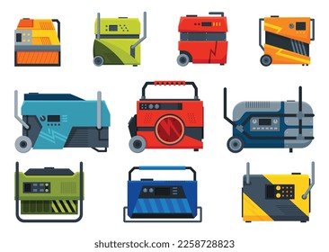 Portable electric power generator icon set. Gasoline generator, emergency equipments. Energy generating backup equipments and electricity voltage source alternators. Cartoon vector illustration