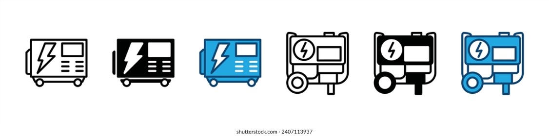 Juego de iconos del generador de energía eléctrica portátil. Símbolo de icono del motor diesel del cargador eléctrico portátil. Ilustración del vector
