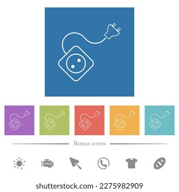 Portable electrical outlet with one socket and extension cord and plug outline flat white icons in square backgrounds. 6 bonus icons included.