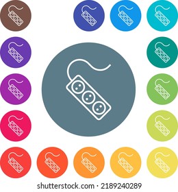 Portable electrical outlet with three sockets and cord outline flat white icons on round color backgrounds. 17 background color variations are included.