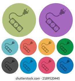 Portable electrical outlet with three sockets and extension cord and plug solid darker flat icons on color round background