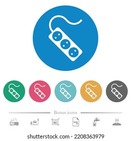 Portable electrical outlet with three sockets and cord solid flat white icons on round color backgrounds. 6 bonus icons included.
