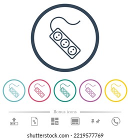 Portable electrical outlet with three sockets and cord outline flat color icons in round outlines. 6 bonus icons included.