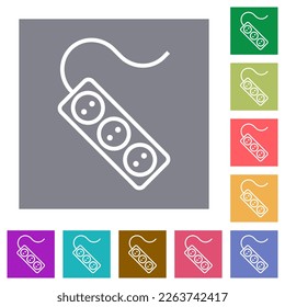 Portable electrical outlet with three sockets and cord outline flat icons on simple color square backgrounds