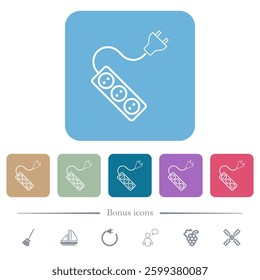 Portable electrical outlet with three sockets and extension cord and plug solid white flat icons on color rounded square backgrounds. 6 bonus icons included