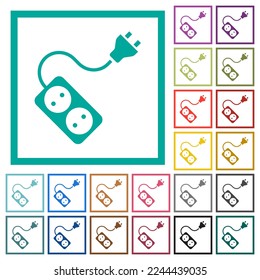 Portable electrical outlet with two sockets and extension cord and plug solid flat color icons with quadrant frames on white background