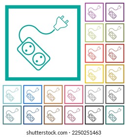Portable electrical outlet with two sockets and extension cord and plug outline flat color icons with quadrant frames on white background