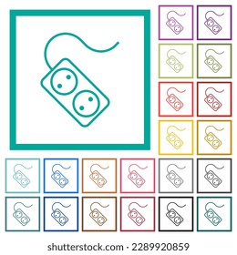 Portable electrical outlet with two sockets and cord outline flat color icons with quadrant frames on white background
