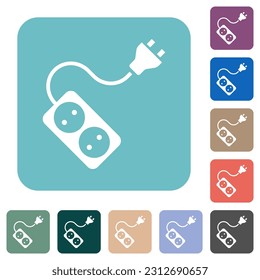 Portable electrical outlet with two sockets and extension cord and plug solid white flat icons on color rounded square backgrounds