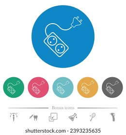 Portable electrical outlet with two sockets and extension cord and plug outline flat white icons on round color backgrounds. 6 bonus icons included.