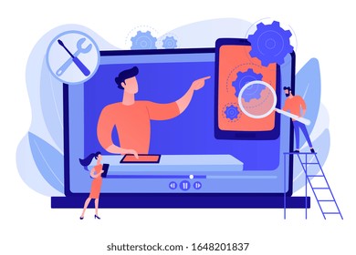 Portable electronic device video feedbacks online channel. Technical review, device buying advice, latest technology news and reviews concept. Pinkish coral bluevector isolated illustration