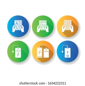 Portable electronic devices flat design long shadow glyph icons set. Power bank. Portable battery. Pocket charging gadget. Hands holding e-readers. Digital reading. Silhouette RGB color illustration