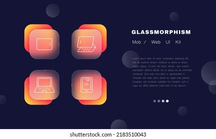 Portable electronic devices set icon. Tablet with keyboard, laptop, ebook, phone, work, entertainment. Technology concept. Glassmorphism style. Vector line icon for Business and Advertising.