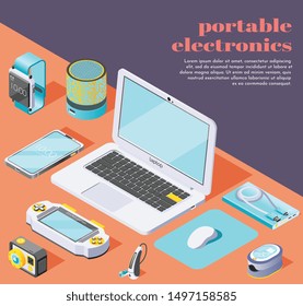 Portable electronics isometric background with  computer mouse flash drive laptop smartphone power bank fitness bracelet oximeter action camera icons located on table vector illustration