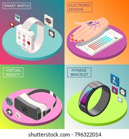 Portable Electronics Isometric Design Concept With Smartwatch, Virtual Reality Glasses, Medical Sensor, Fitness Bracelet Isolated Vector Illustration