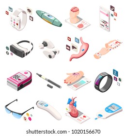 Portable electronics in medicine and life including vr headset, vape, fitness bracelet isometric icons isolated vector illustration  