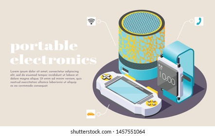 Portable electronics poster with smart home speaker game boy for pocket games and  fitness bracelet isometric icons vector illustration