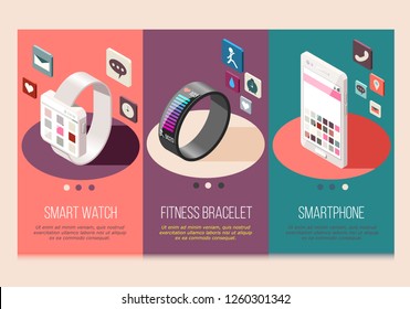 Portable electronics smart phone and watch fitness bracelet set of isometric compositions isolated vector illustration